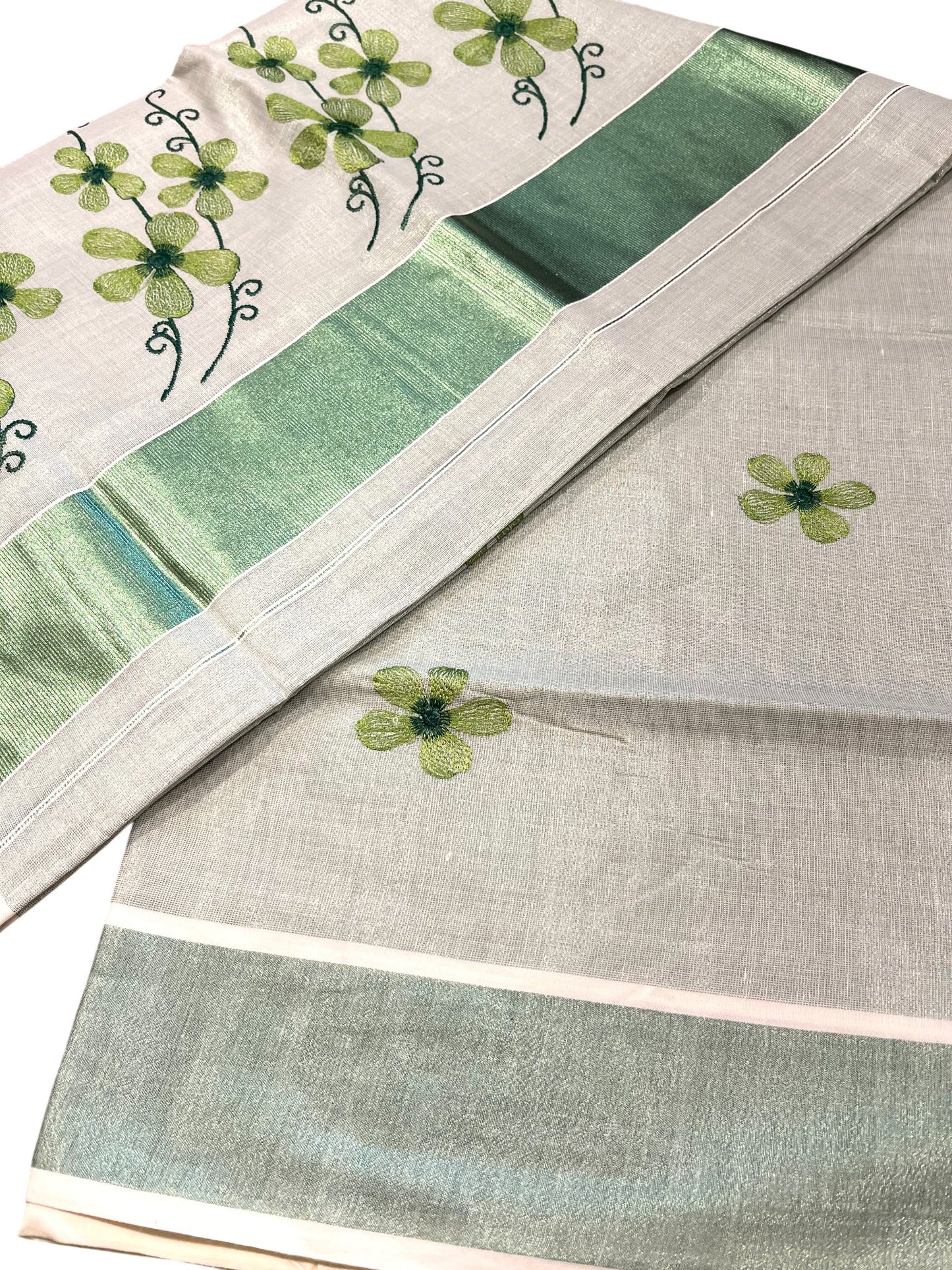 Southloom Kerala Tissue Kasavu Saree with Green Floral Embroidery on Body and Border