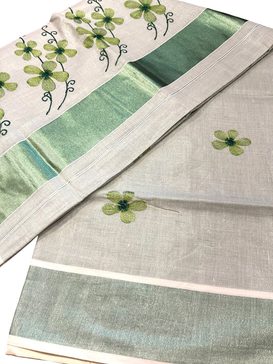 Southloom Kerala Tissue Kasavu Saree with Green Floral Embroidery on Body and Border