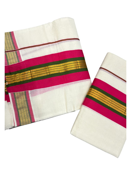 Kerala Cotton Kasavu Set Mundu (Mundum Neriyathum) with Magenta and Green Border 2.80 Mtrs