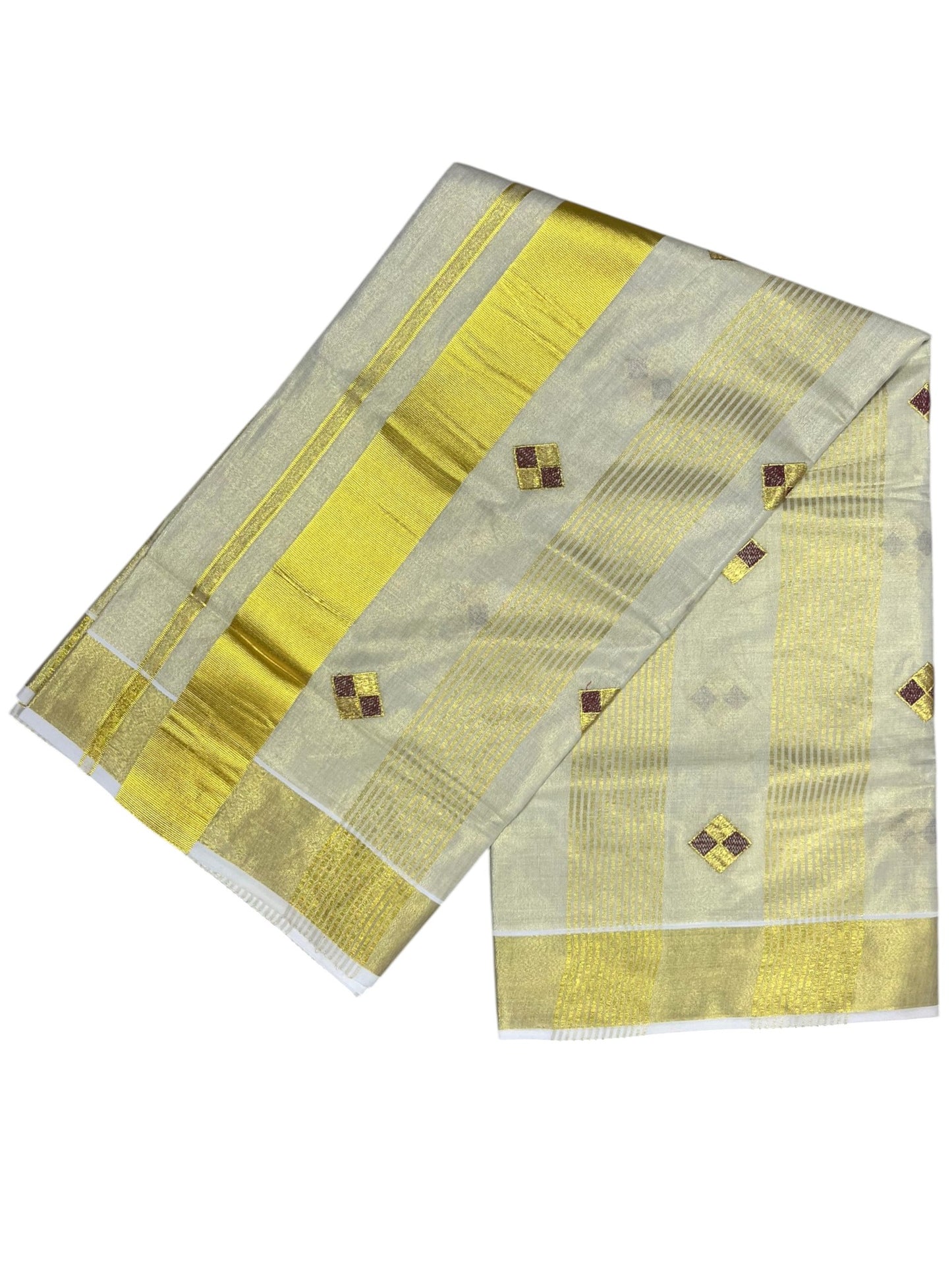 Southloom Kerala Tissue Kasavu Striped Saree with  Diagonal Woven Designs in Maroon And Gold Body Work