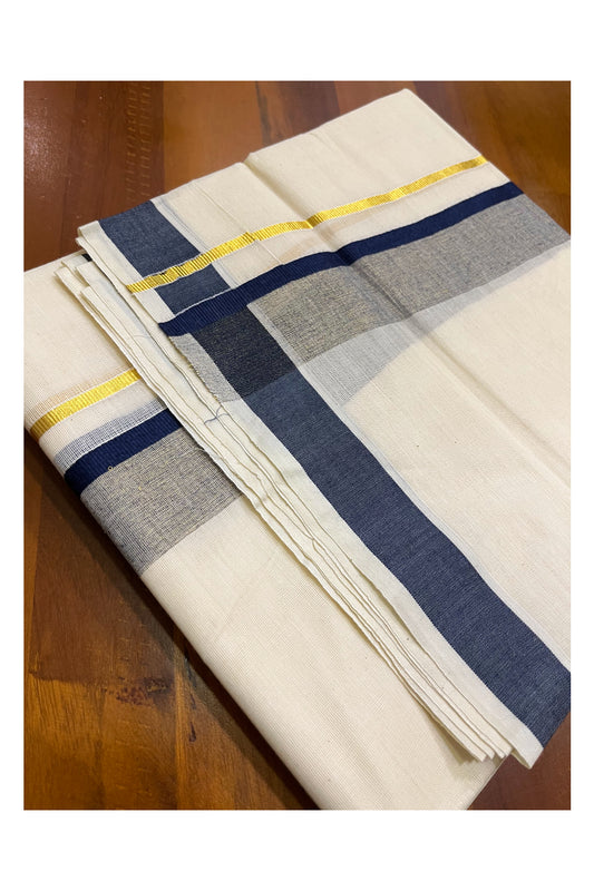 Kerala Pure Cotton Double Mundu with Dark Blue and Kasavu Border (South Indian Kerala Dhoti)