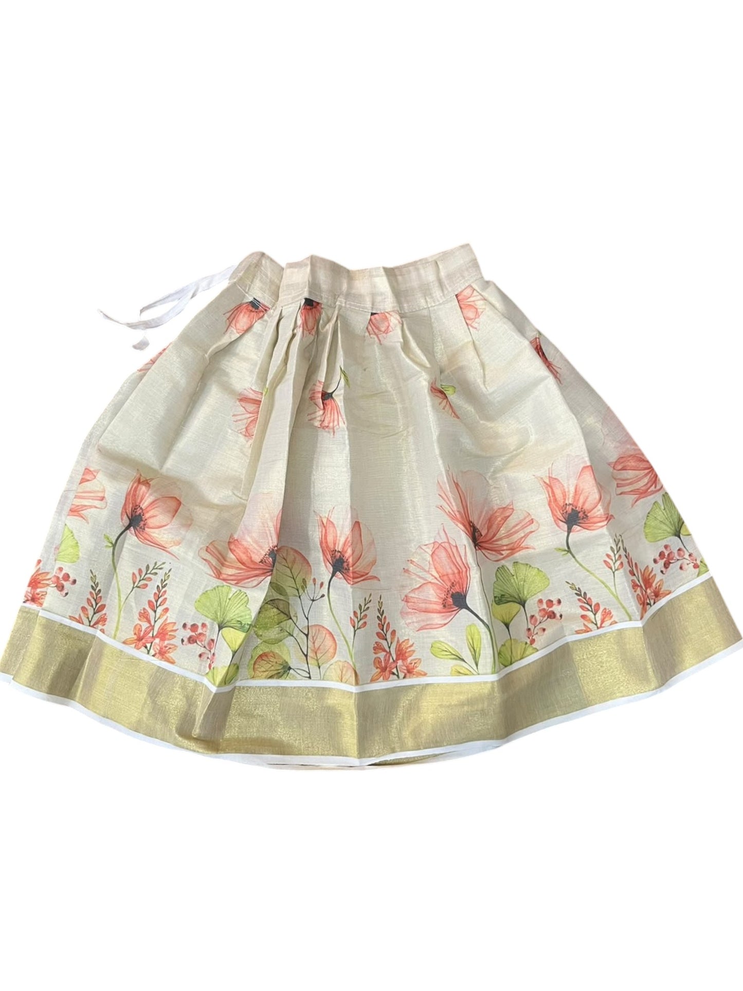 Southloom Kerala Tissue Kasavu  Digital Floral Printed Pavada & Blouse with for Kids
