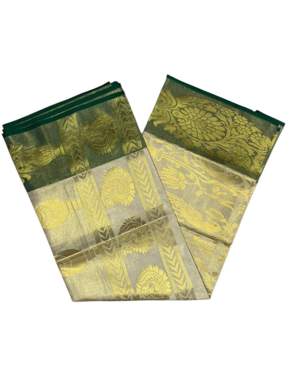 Southloom  Kerala Tissue Kasavu Heavy Work Saree with Peacock Design And Green Border SL483