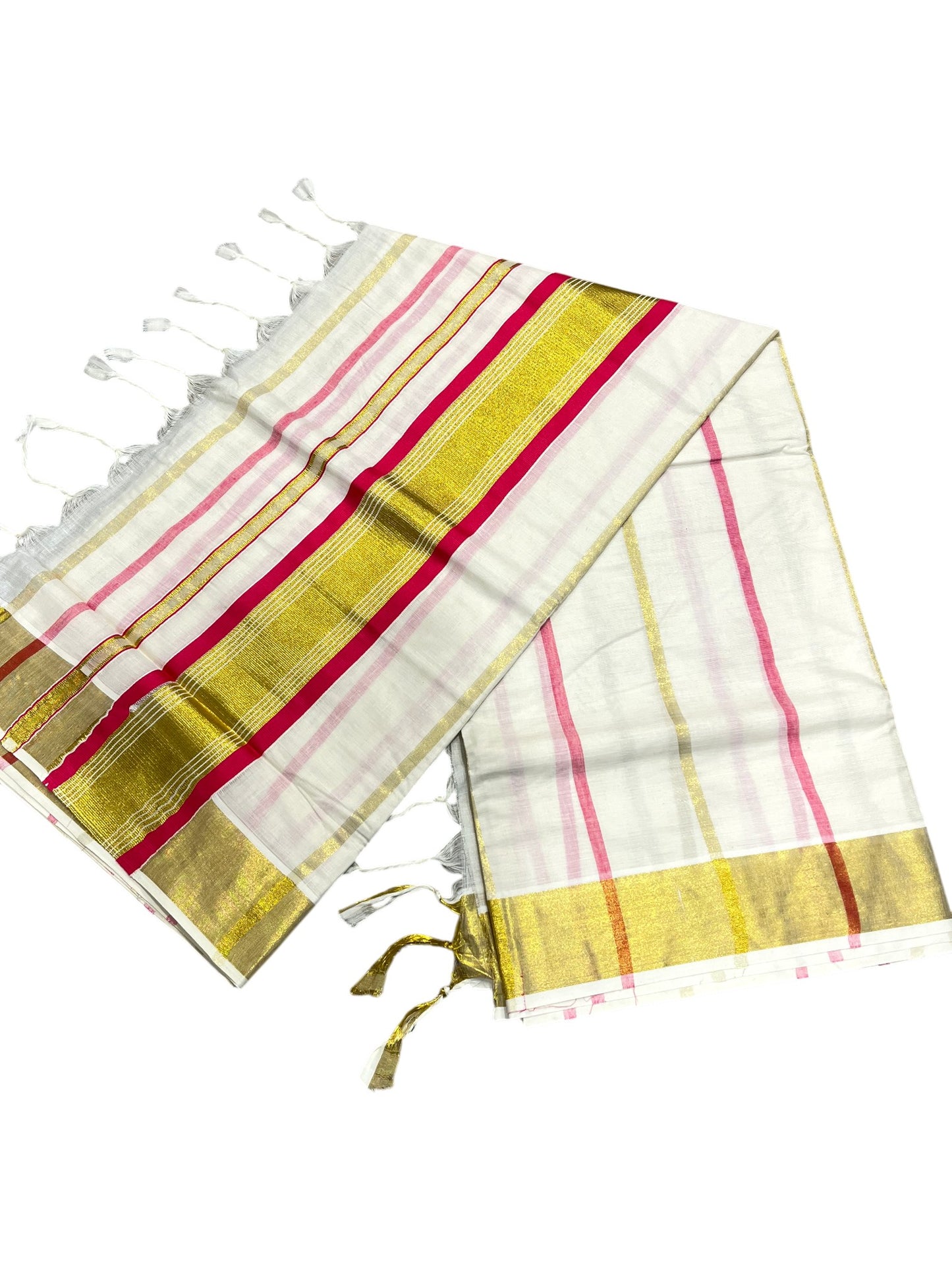 Southloom Kerala Cotton Kasavu Saree with Gold And Pink Lines on Body