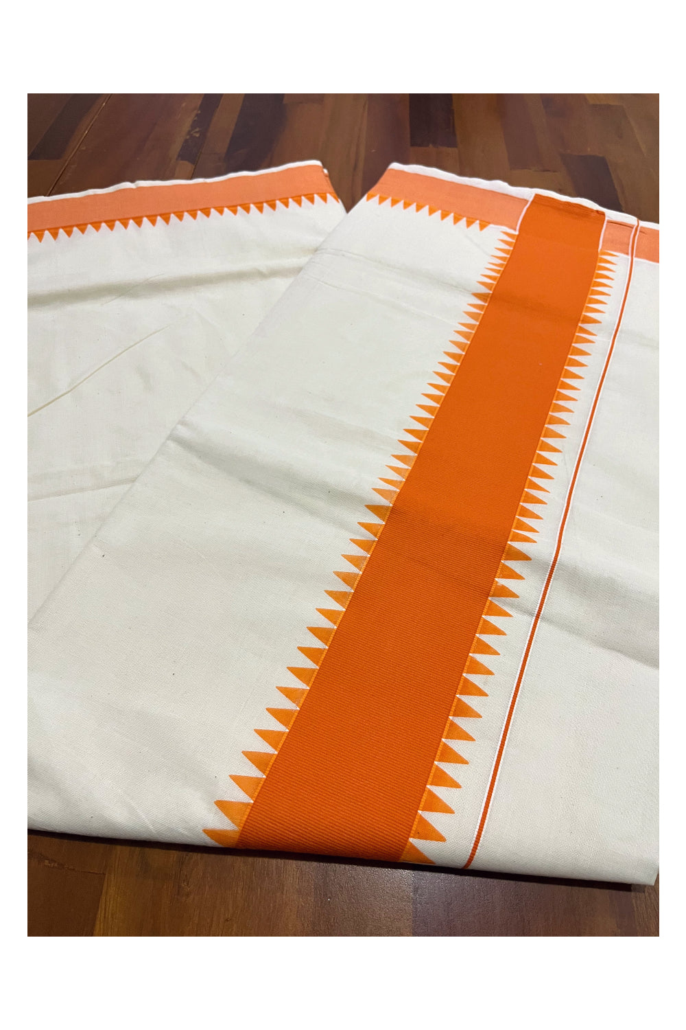 Kerala Pure Cotton Saree with Orange Temple Block Prints on Border