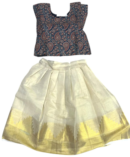 Southloom Kerala Tissue Kasavu Ajrakh Printed Pavada & Blouse with for Kids SL606
