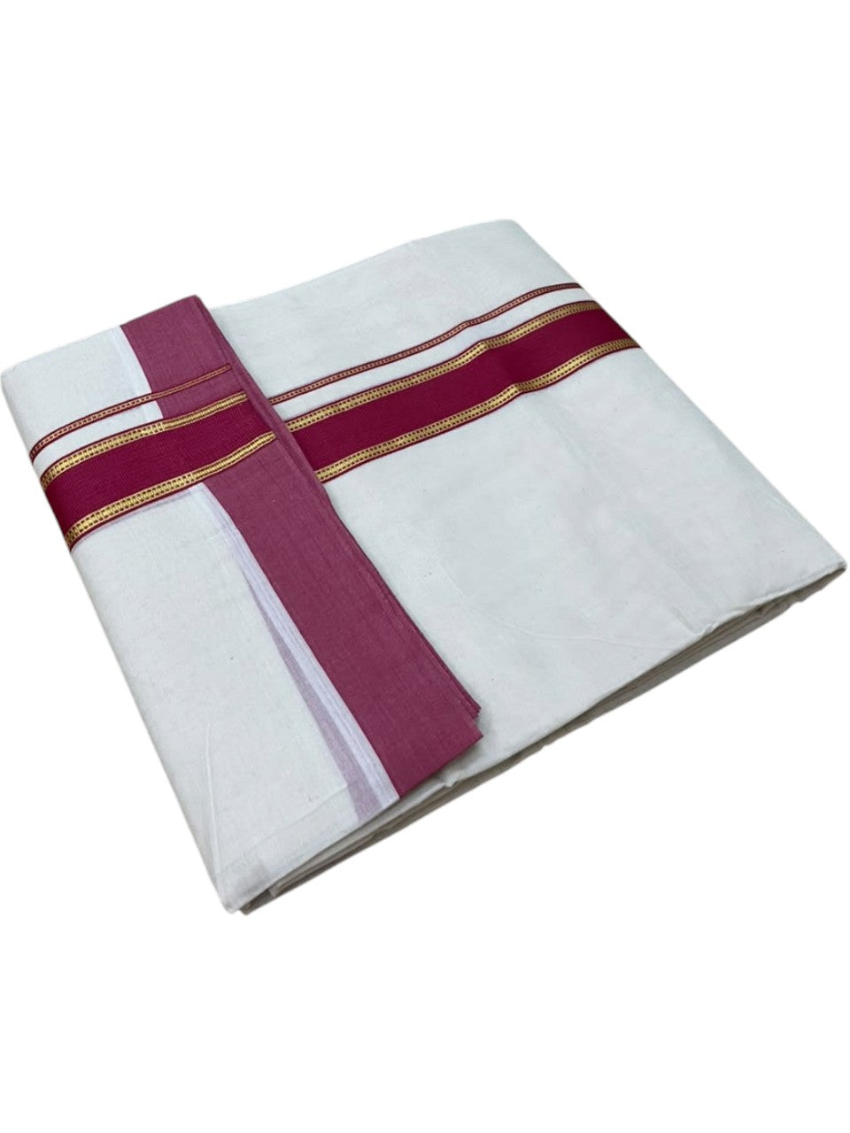 Southloom Pure Cotton Mundu with Siver Lines and Magenta Border (South Indian Kerala Dhoti)