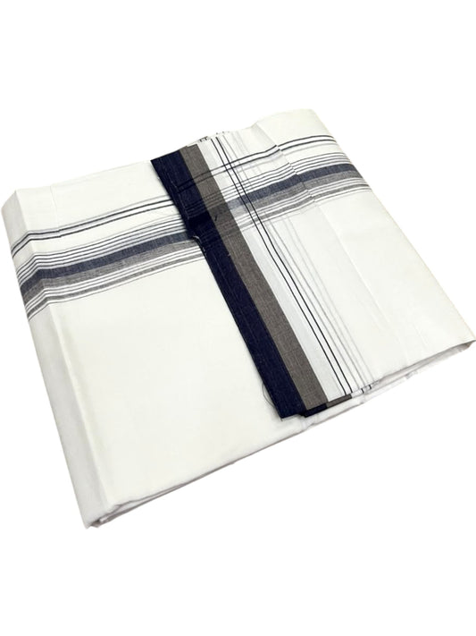 Southloom Pure Cotton Mundu with Blue & Grey Border (South Indian Kerala Dhoti)