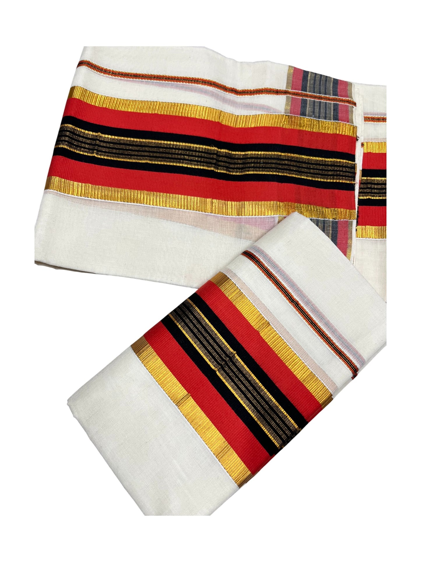 Kerala Cotton Kasavu Set Mundu (Mundum Neriyathum) with Orange and Black Border 2.80 Mtrs