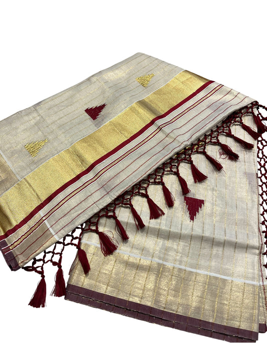 Kerala Tissue Kasavu Stripes Saree with Meroon and Gold Temple Embroidery Design on Body