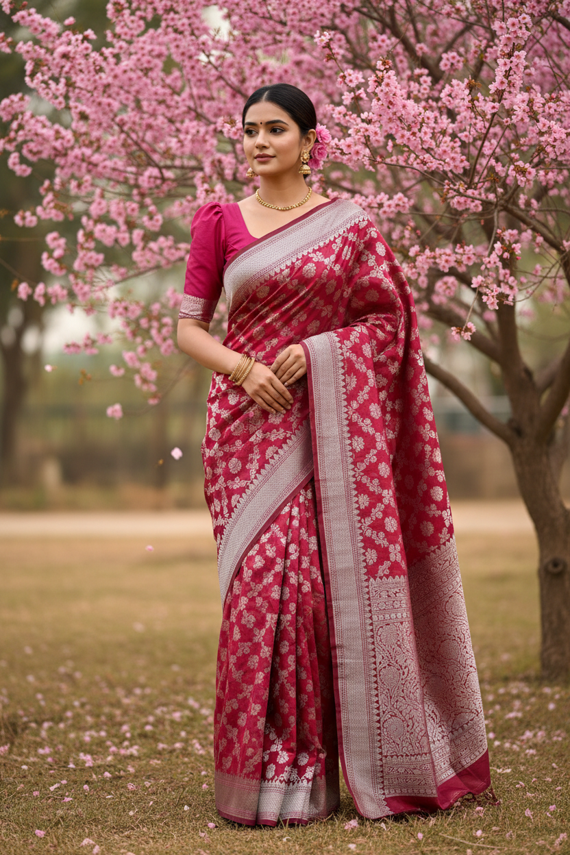 Southloom Pure Banarasi Silk Saree with Woven Work on Body and Borders (Magenta)