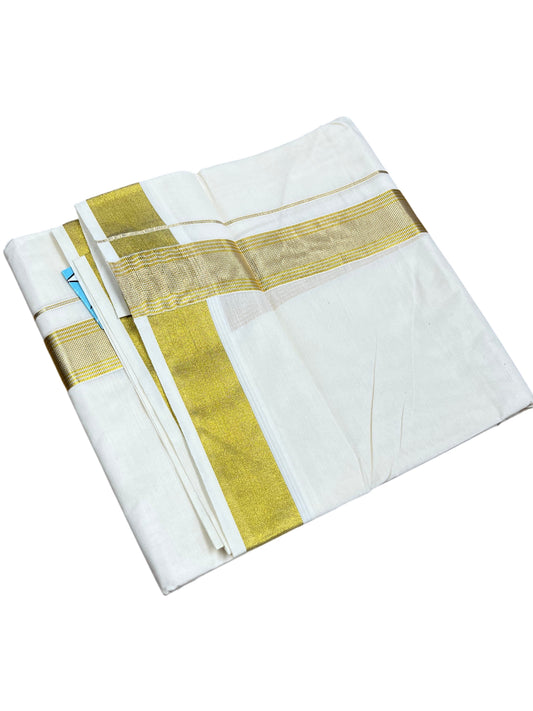 Southloom Kerala Pure Cotton Double Mundu with Gold Kasavu And Silver Line Border (South Indian Dhoti)