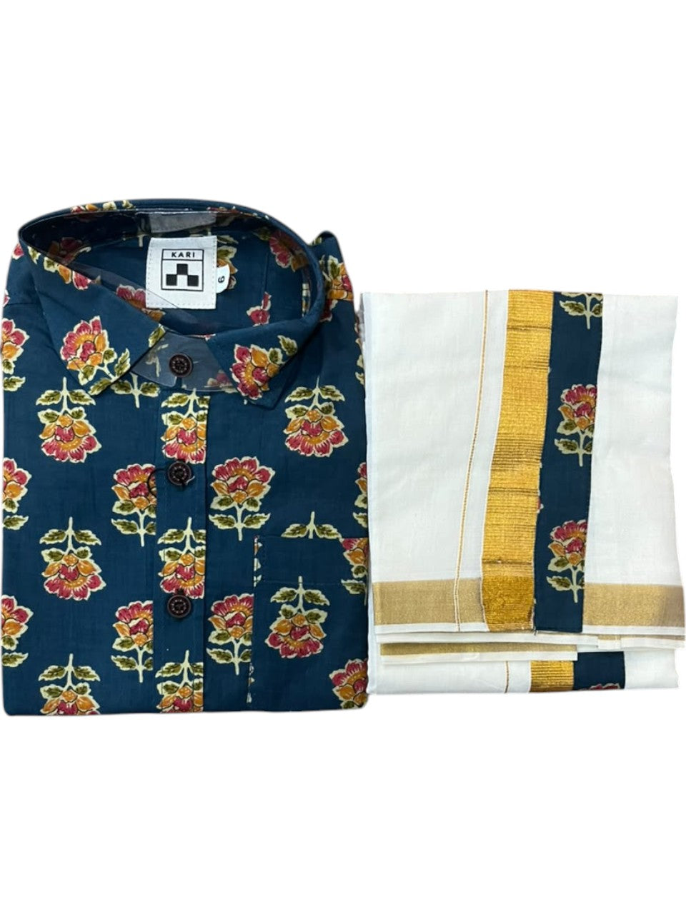 Southloom Cotton Floral Printed Kids's Combo (Shirt + Velcro Mundu) SLKCOMBO