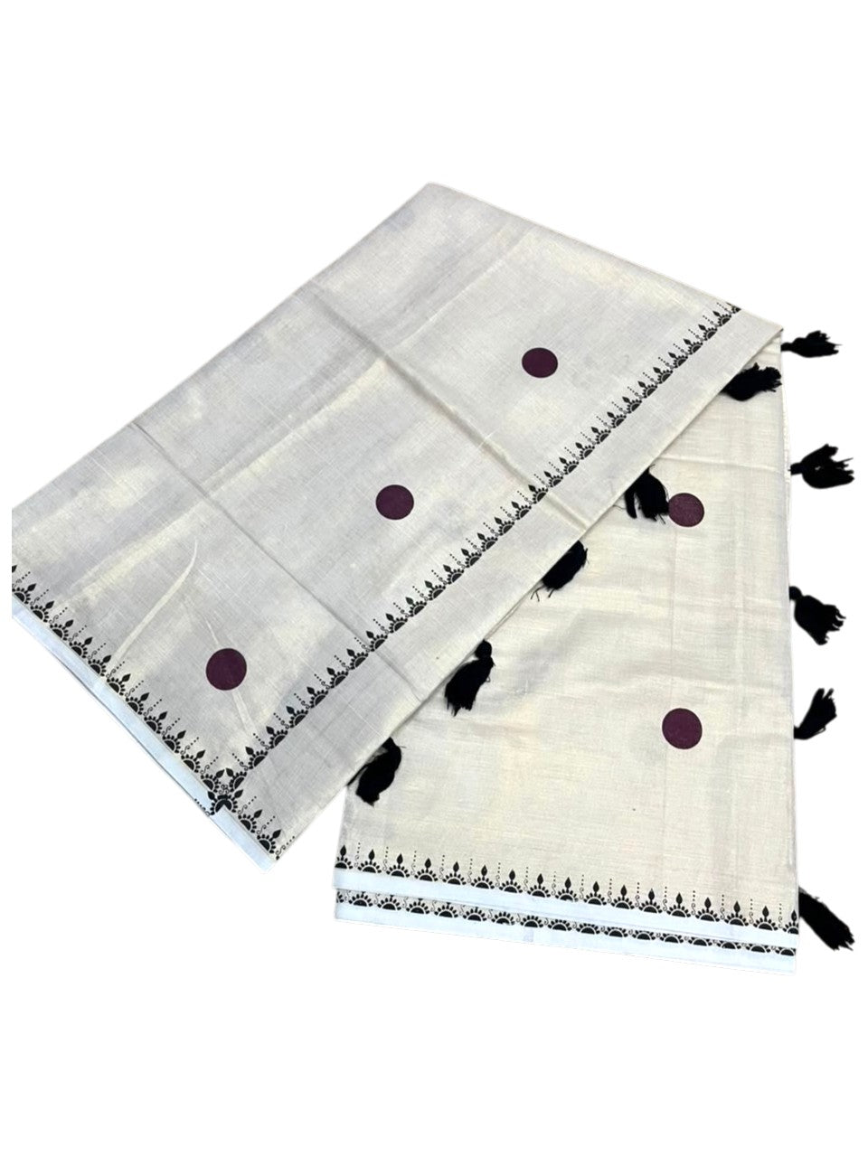 Southloom Kerala Tissue Kasavu Plain Saree with Brown Polka Dots On Body SL537