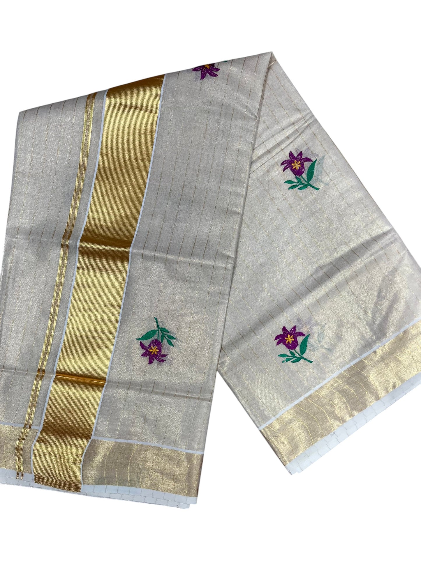 Southloom Kerala Tissue Kasavu Lines Saree with Floral Embroidery Work on Body