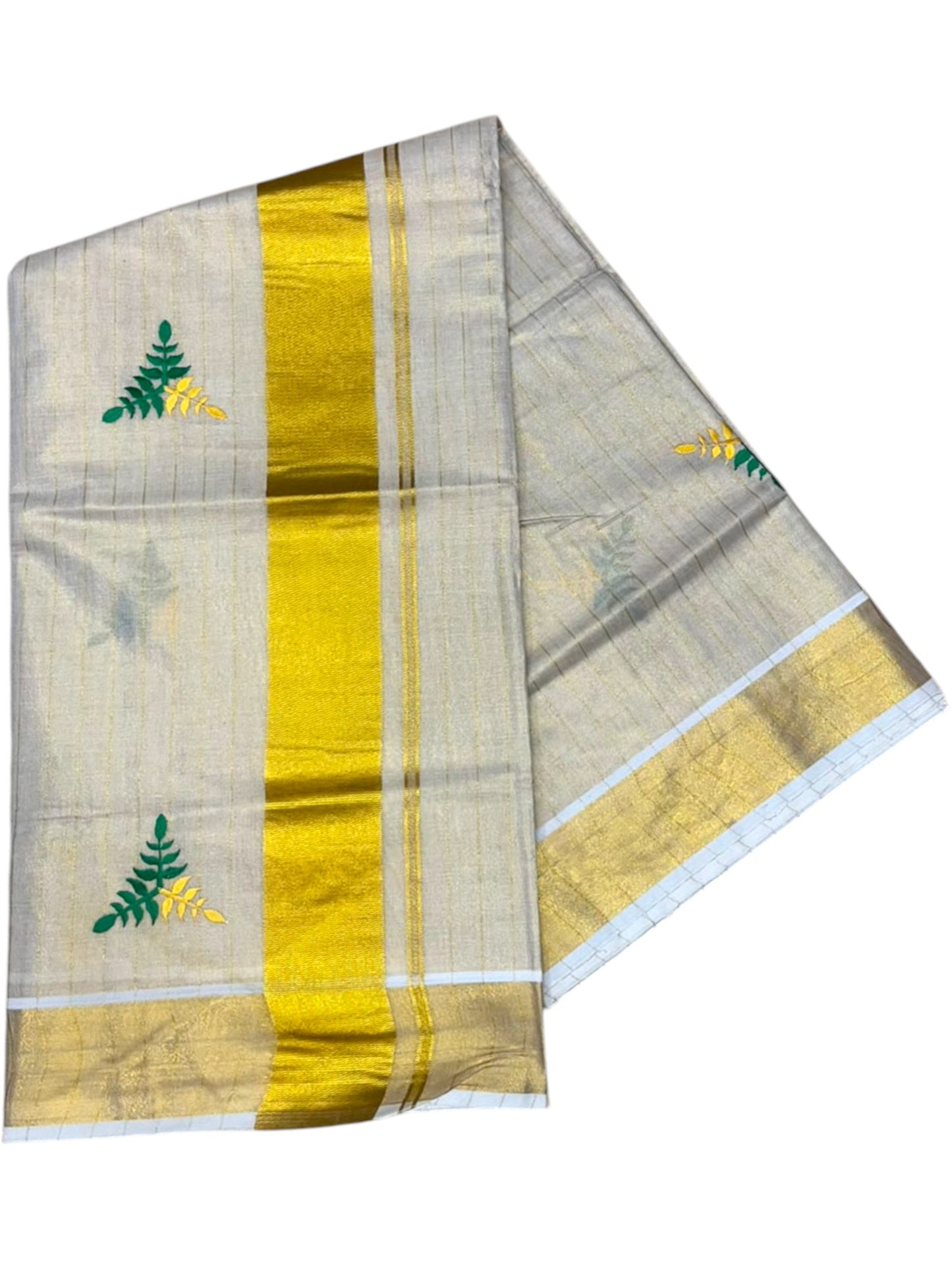 Southloom Kerala Tissue Kasavu Line Saree with Green & Yellow Floral Embroidery Works