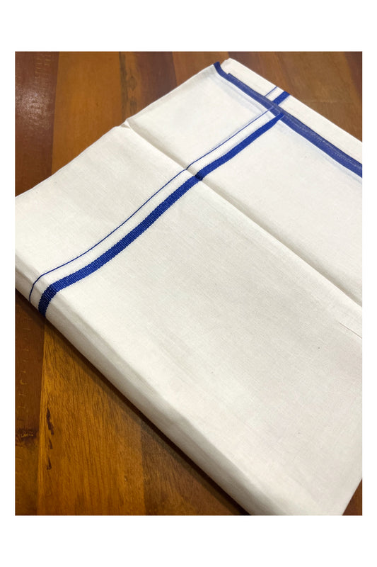 Off White Kerala Cotton Double Mundu with Blue Thin Kara (South Indian Kerala Dhoti)