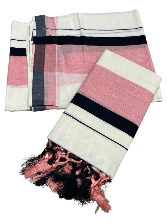 Southloom Kerala Cotton Mundum Neriyathum Single (Set Mundu) with Peach And Black Border 2.80 Mtrs
