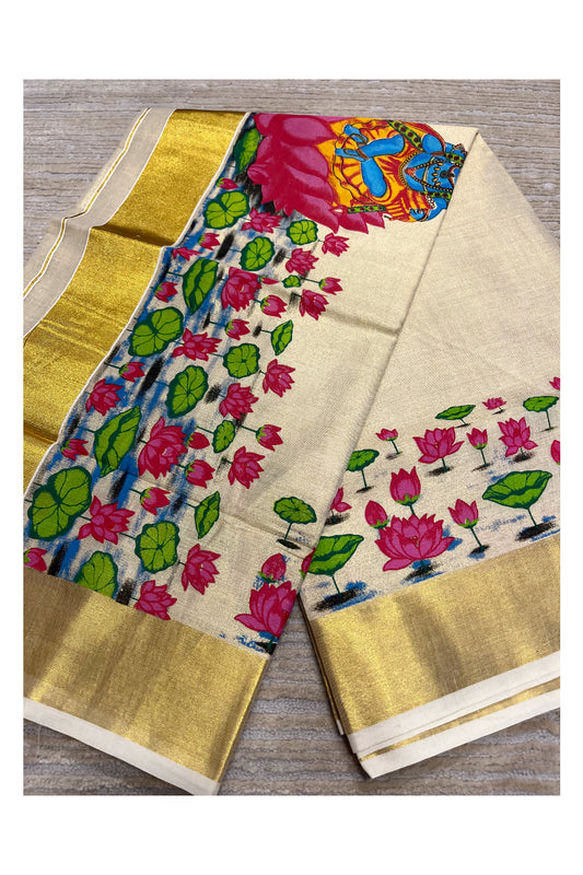 Southloom Tissue Kerala Kasavu Saree with Lotus Handpainted Design