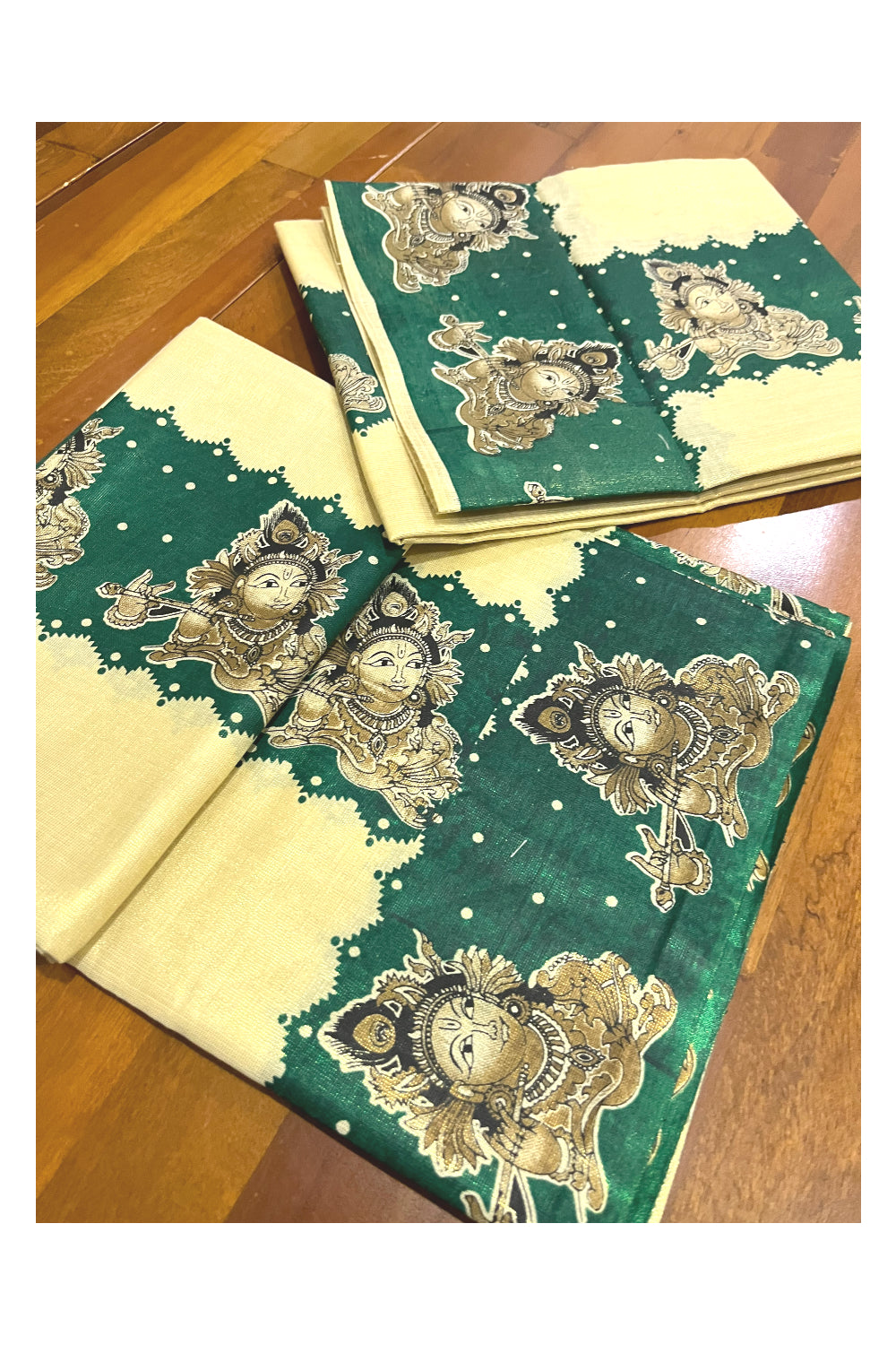 Kerala Tissue Kasavu Set Mundu (Mundum Neriyathum) with Krishna Mural Prints on Green Border (Onam Set Mundu 2023)