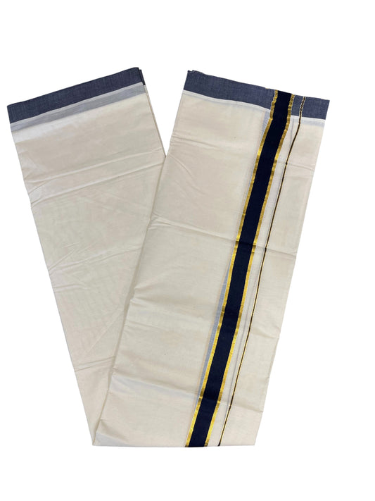 Southloom Pure Cotton Mundu with Gold Kasavu and Blue Colour Border (South Indian Kerala Dhoti)