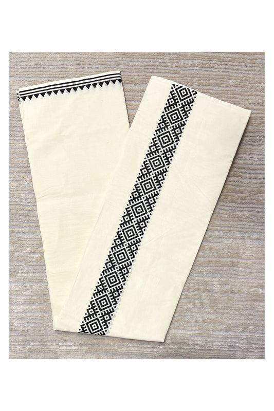 Pure Cotton Off White Double Mundu with Block Prints on Black Kara (South Indian Dhoti)