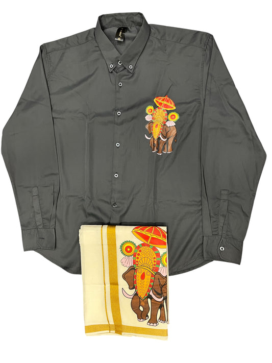 Southloom Stylish & Classy Budget Combo Grey Shirt + Mundu for Men