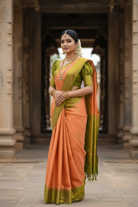 Southloom Pure Handloom Kanchipuram Silk Saree with Butta Work (Orange & Green)