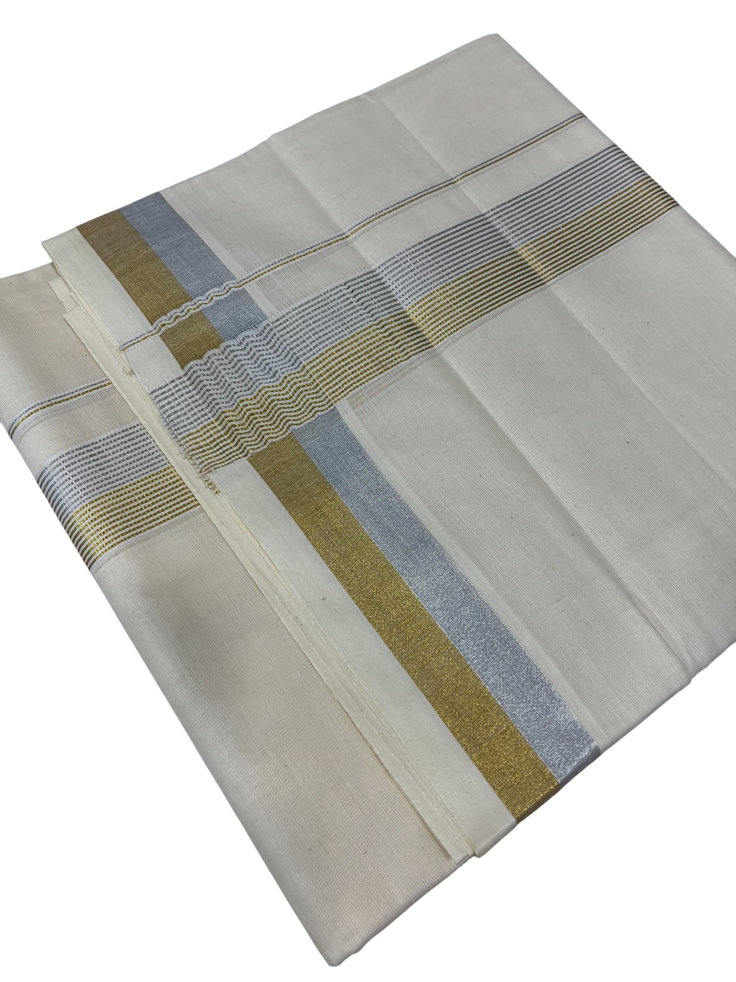 Southloom Kerala Pure Cotton Double Mundu with Gold & Silver Border (South Indian Dhoti)