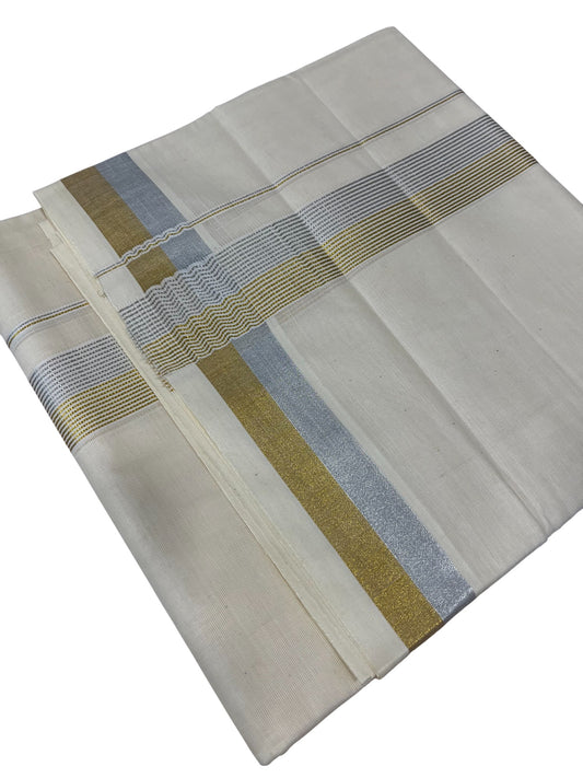 Southloom Kerala Pure Cotton Double Mundu with Gold & Silver Border (South Indian Dhoti)