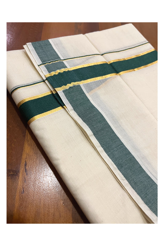 Pure Cotton Double Mundu with Kasavu Green Kara (South Indian Kerala Dhoti)