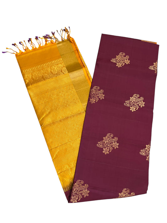 Southloom Pure Handloom Kanchipuram Silk Saree with Butta Work (Yellow & Purple)