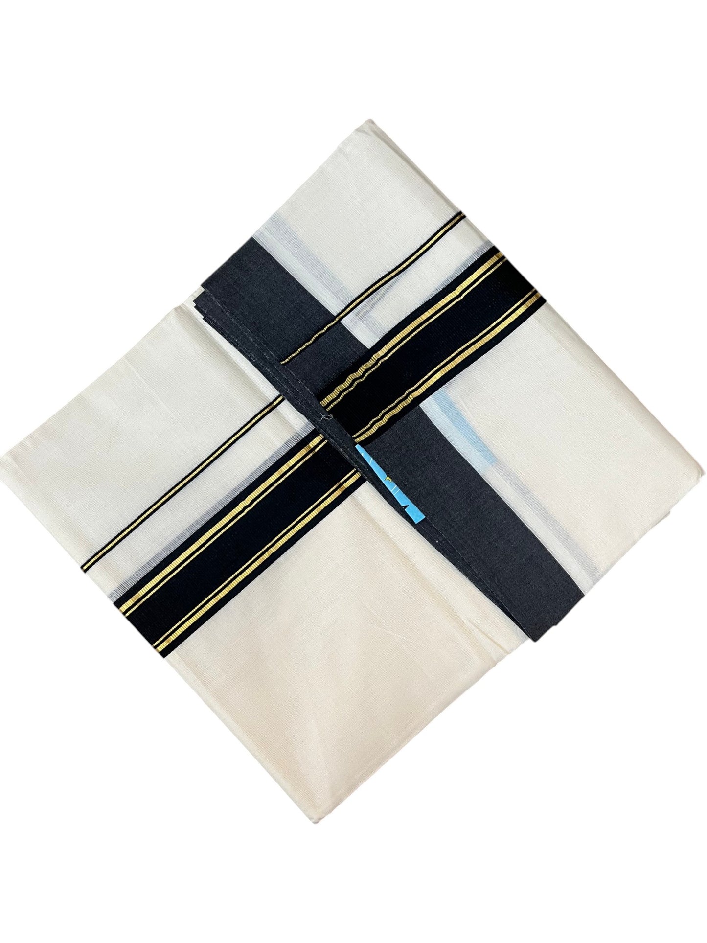 Southloom Pure Cotton Mundu with Golden Lines and Black Border (South Indian Kerala Dhoti)