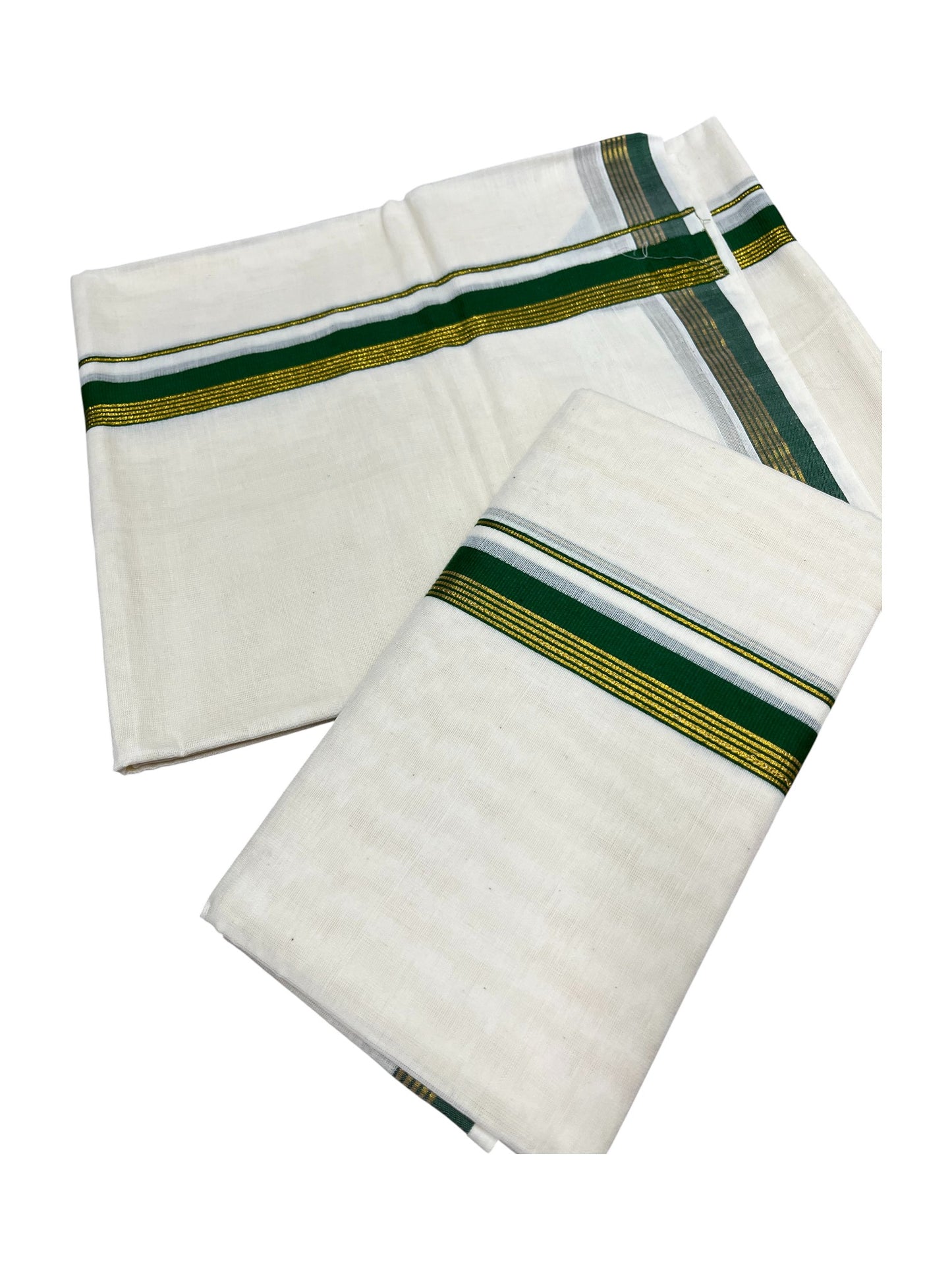 Pure Cotton Kerala Single Set Mundu (Mundum Neriyathum) with Green Kasavu Border in 2.80 Mtrs
