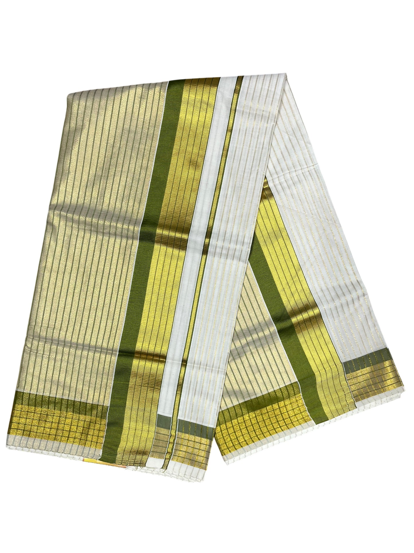 Southloom Kerala Pure Cotton Saree with Stripes on Body and Borders in Olive green SL334