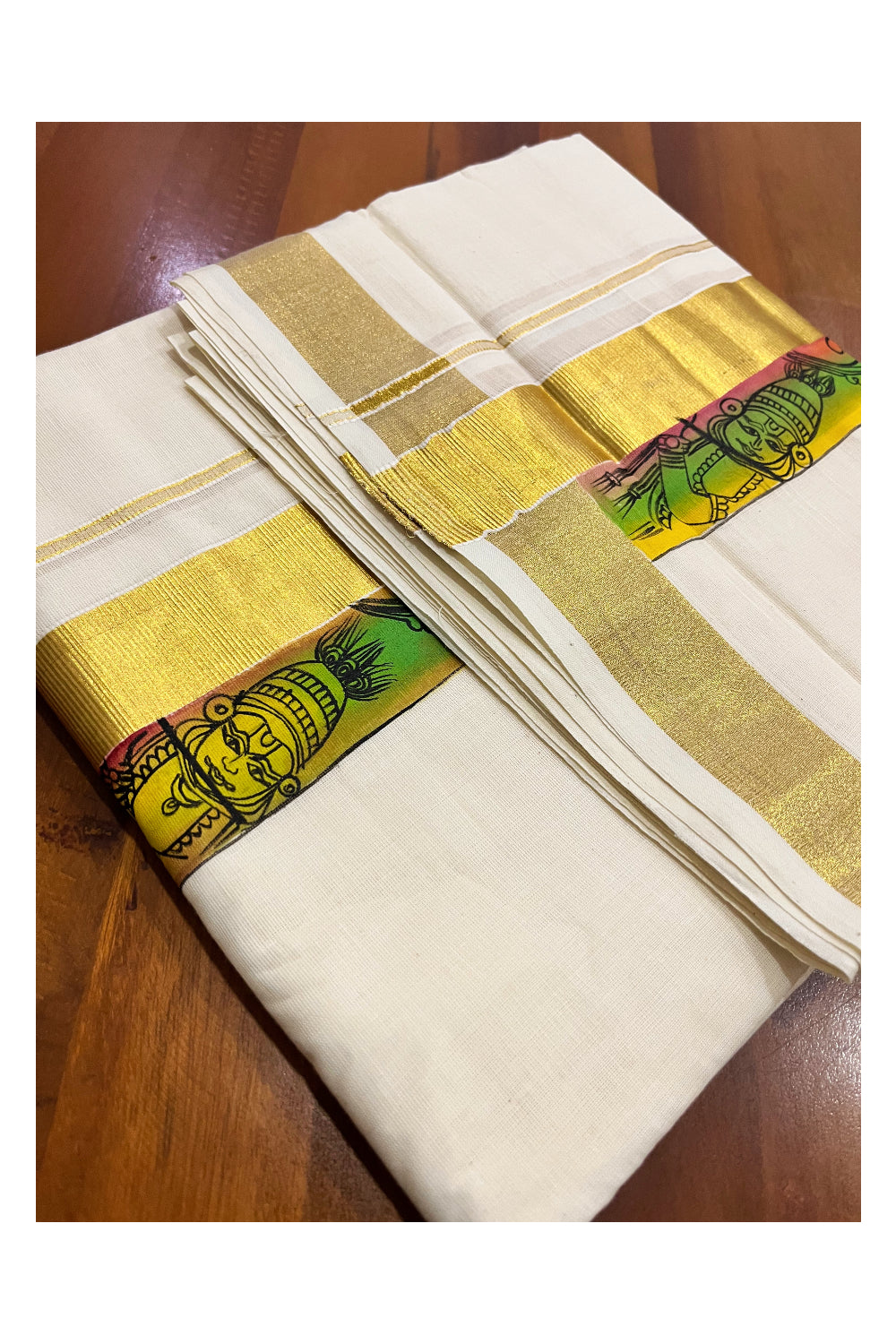 Kerala Pure Cotton Double Mundu with Mural Painted Design on Kasavu Border (South Indian Kerala Dhoti)