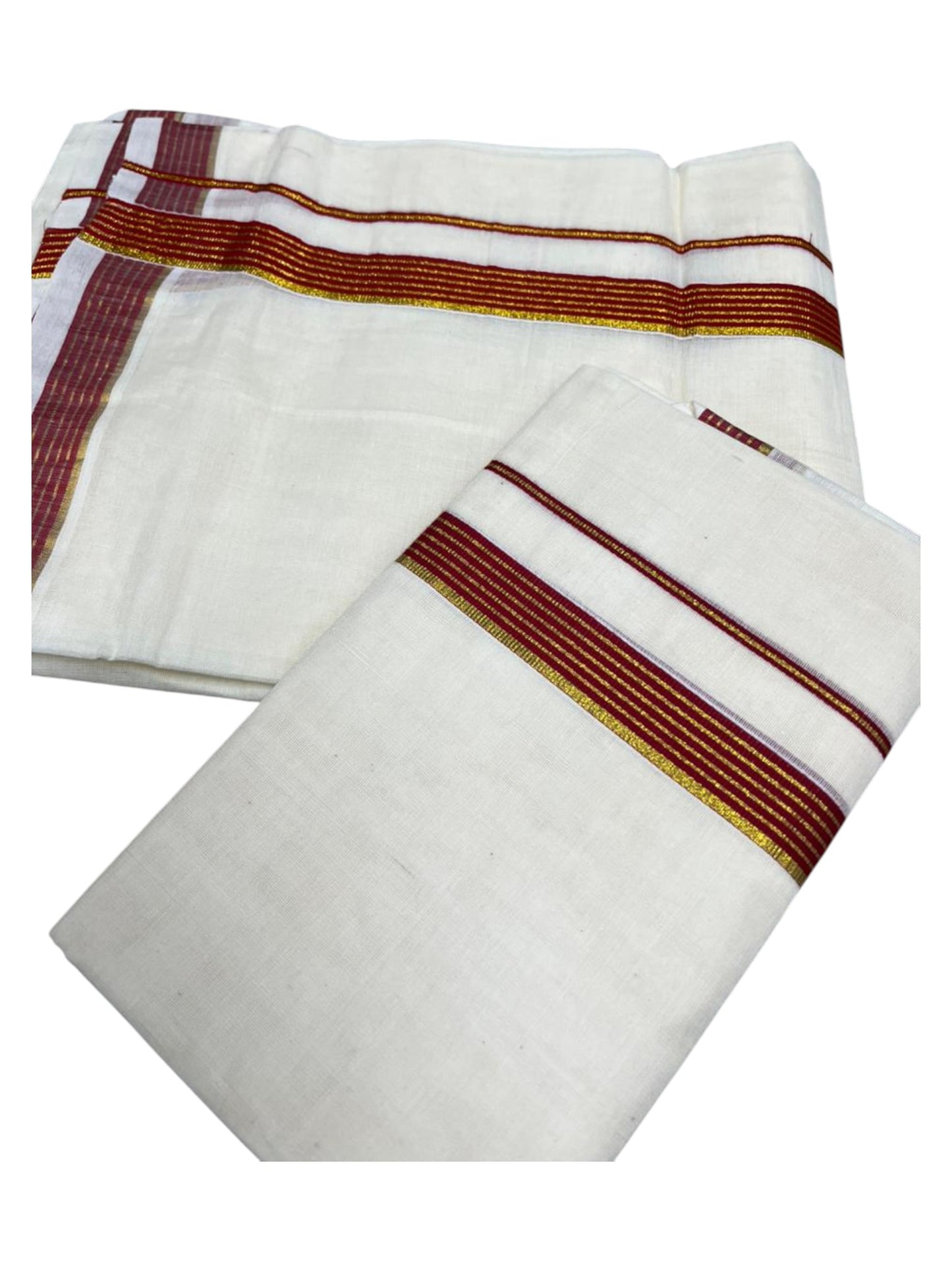 Pure Cotton Kerala Single Set Mundu (Mundum Neriyathum) with Red Kasavu Border in 2.80 Mtrs