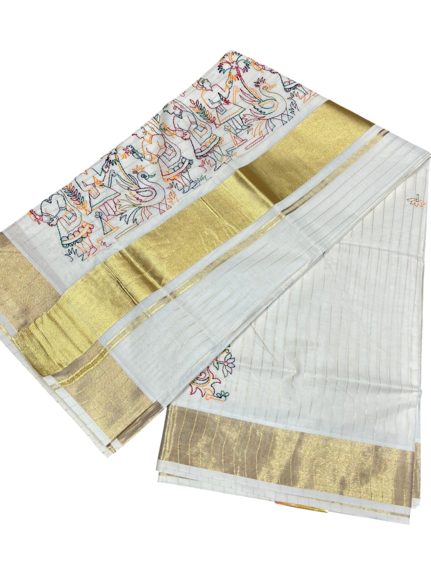 Southloom Cotton Kerala Kasavu Lines Saree with Kantha Embroidery Work on Body SL322