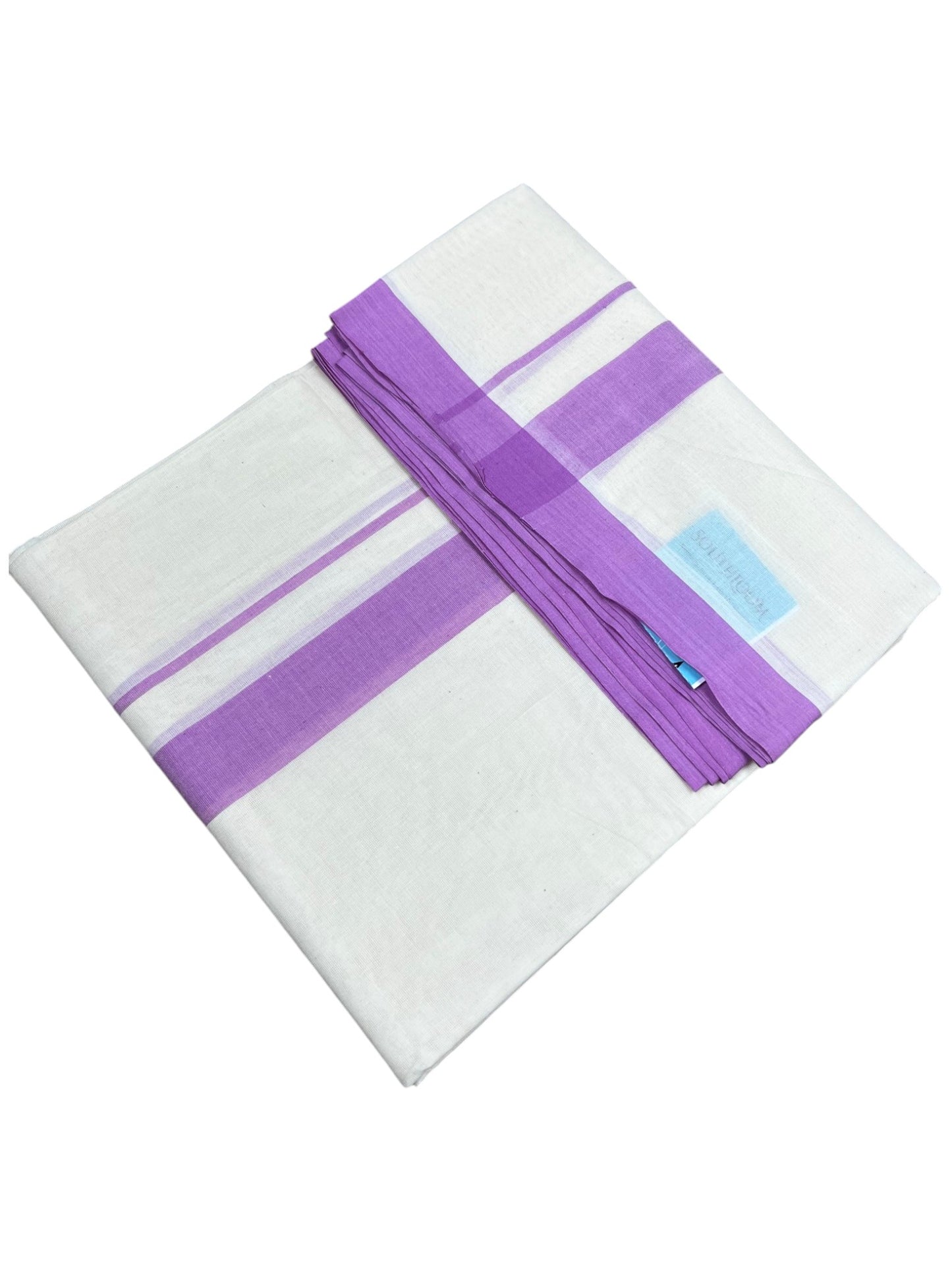 Southloom Kerala Pure Cotton Double Mundu with Lavander Border (South Indian Kerala Dhoti)
