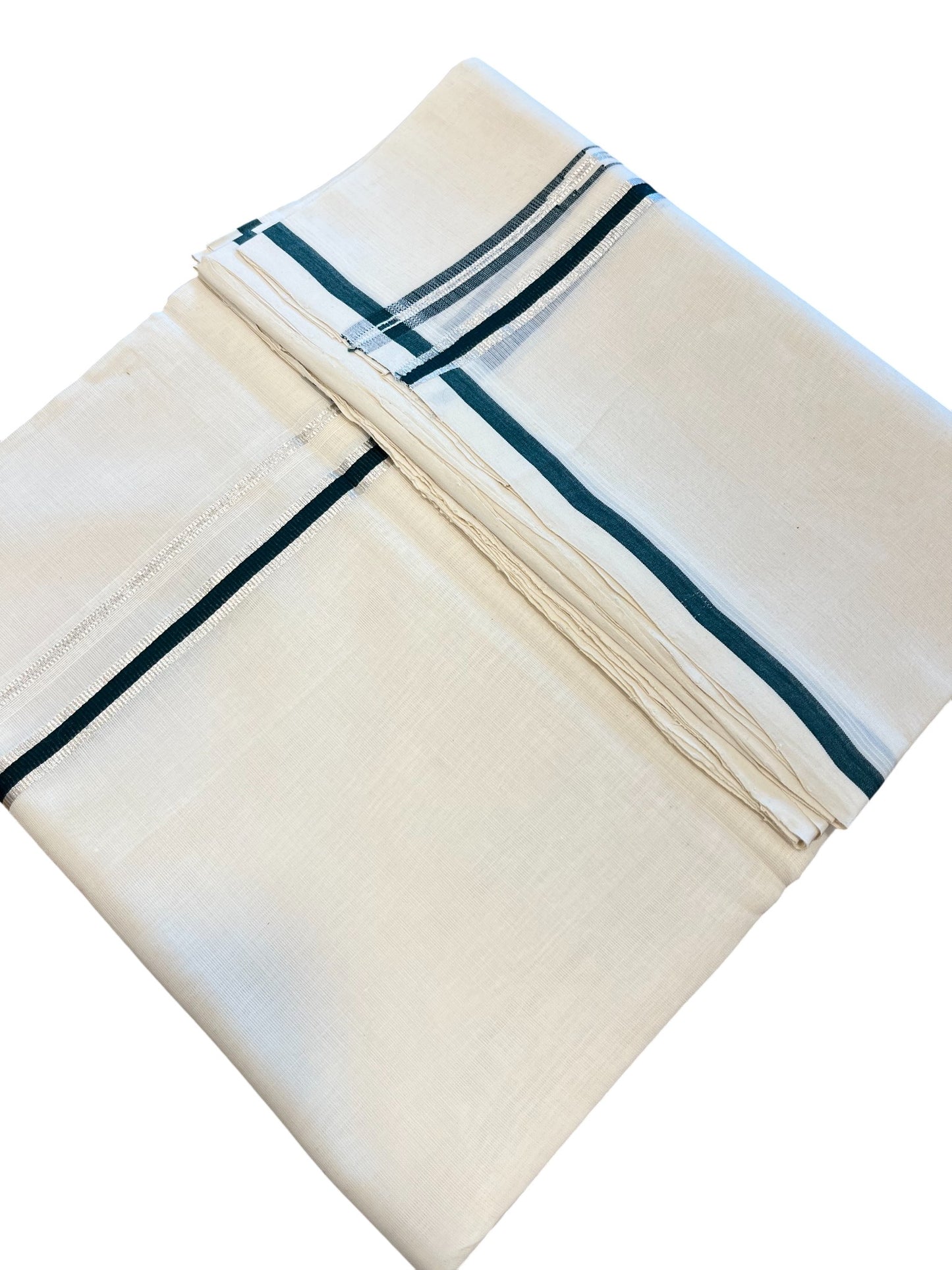 Southloom Premium Handloom Cotton Double Mundu with Silver and Green Chutti Kara Border