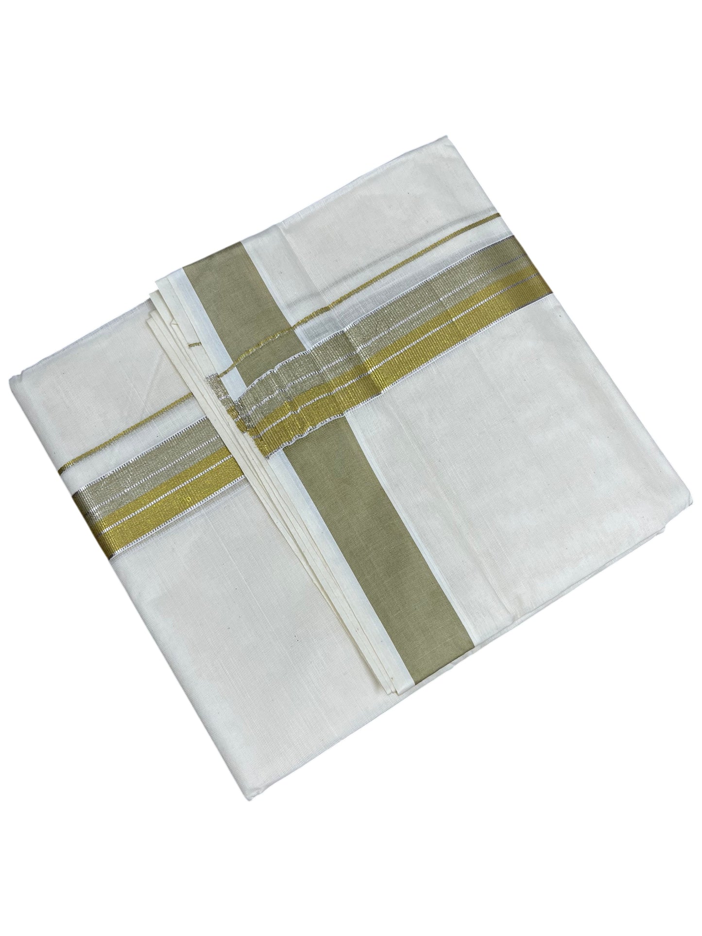 Southloom Pure Cotton Mundu with Silver Lines and Olive Green &Yellow Border (South Indian Kerala Dhoti)