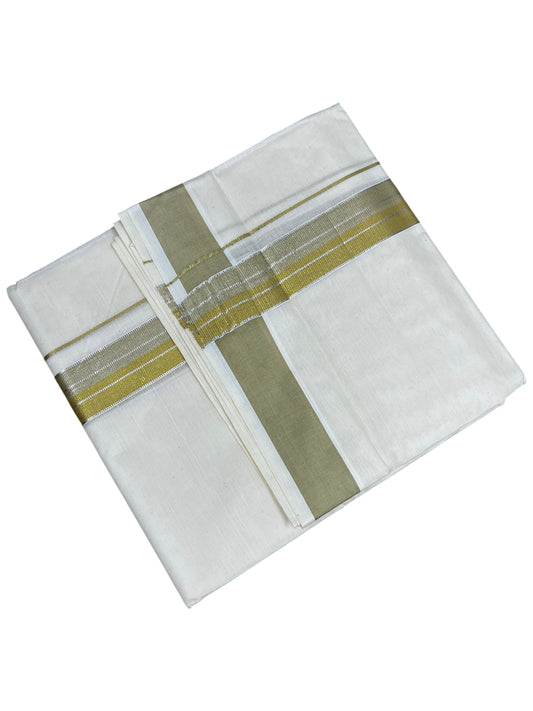 Southloom Pure Cotton Mundu with Silver Lines and Olive Green &Yellow Border (South Indian Kerala Dhoti)