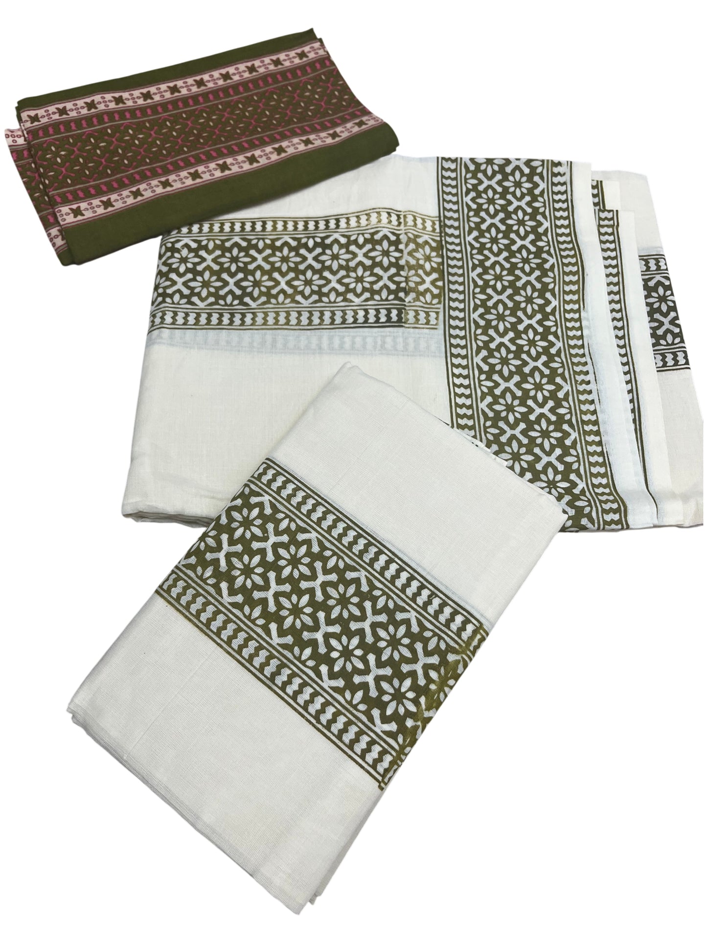 Southloom Olive Green Block Printed Set Mundu with Blouse Piece 2.80Mtrs