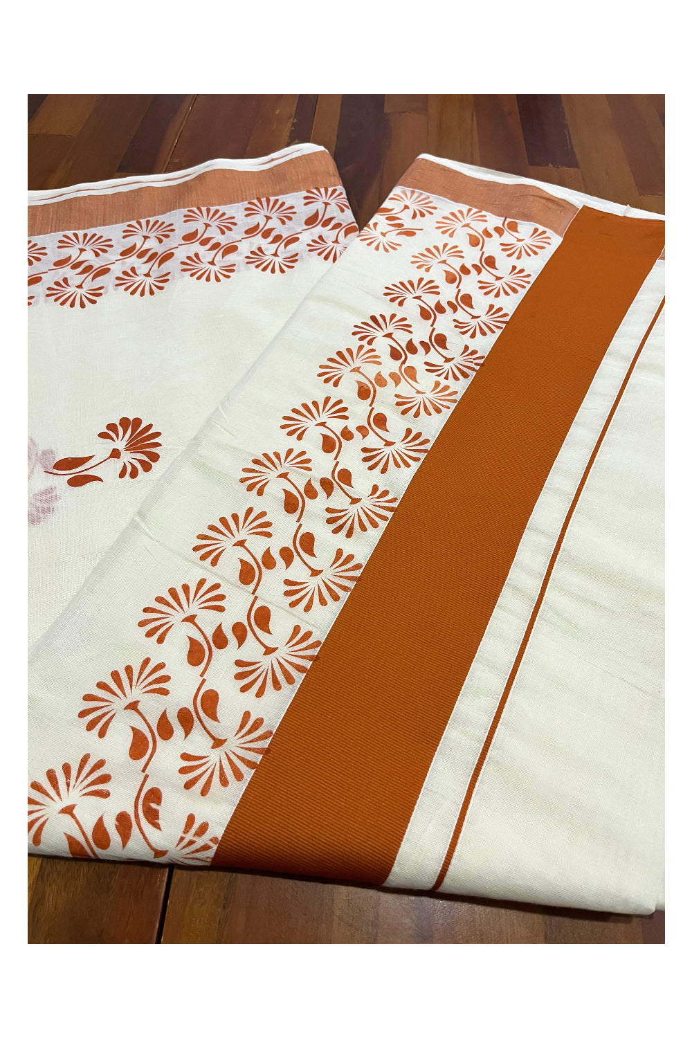 Kerala Pure Cotton Saree with Orange Block Prints on Border