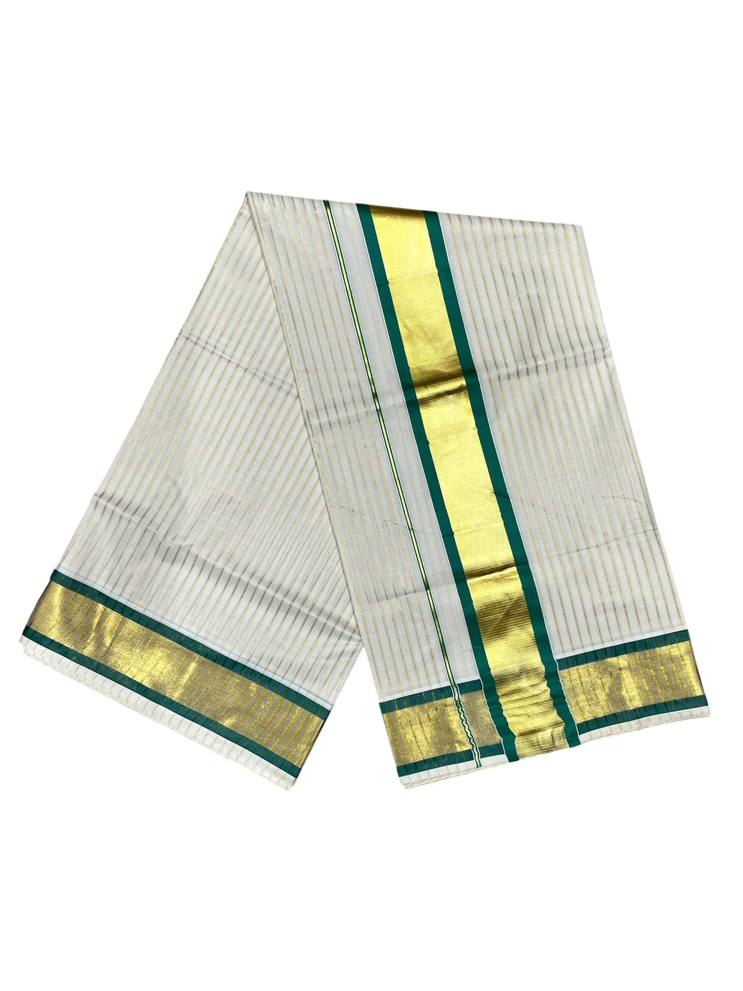 Southloom Pure Cotton Kerala Saree with Gold Kasavu Lines Across Body and Green Border