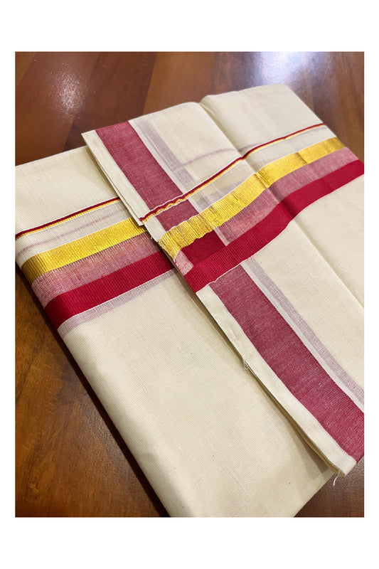 Off White Kerala Cotton Double Mundu with Kasavu and Red Border (South Indian Kerala Dhoti)