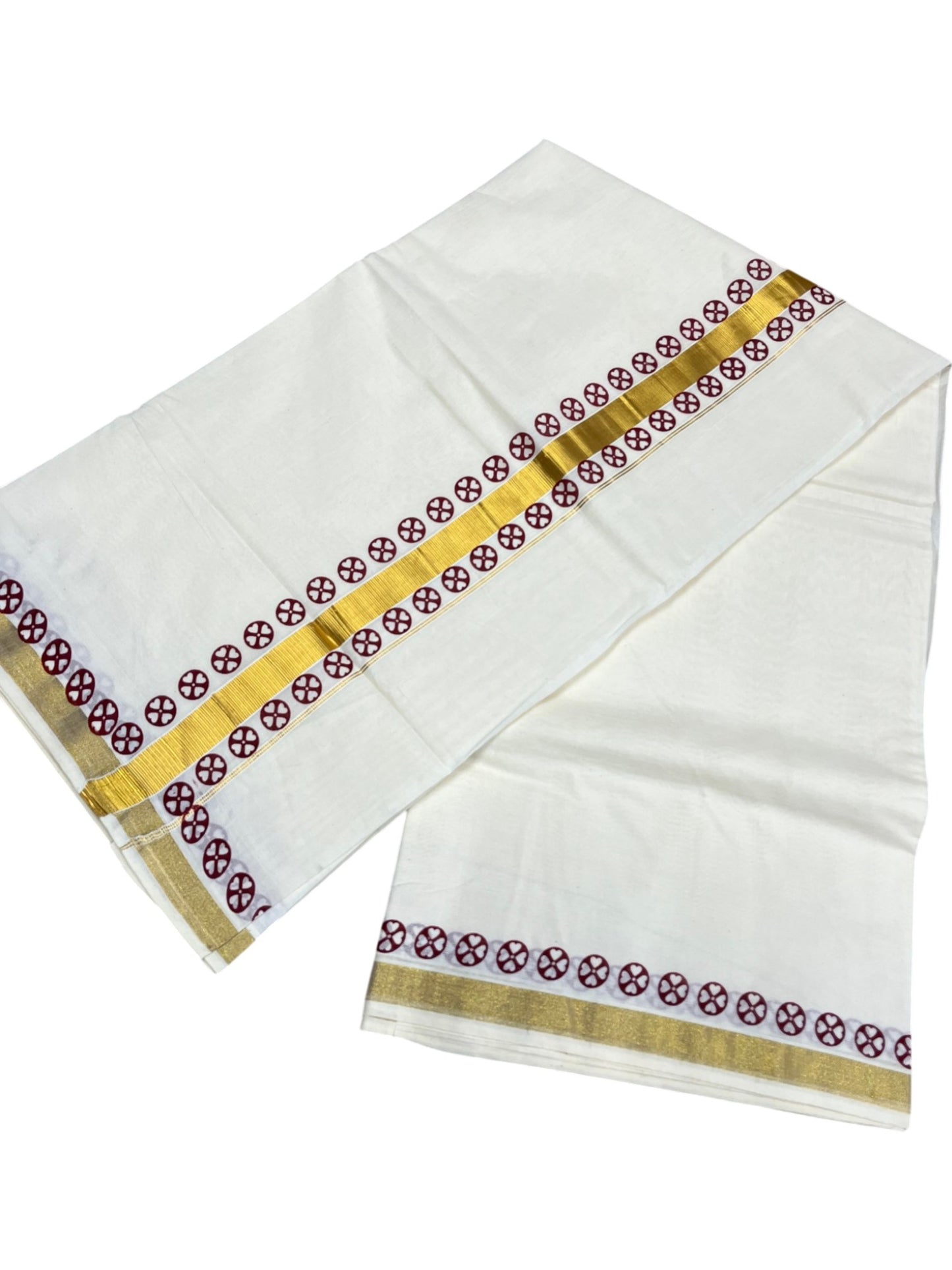 Southloom Cotton Kerala Kasavu Saree with Block Printed Design on Borders and Kara in Maroon