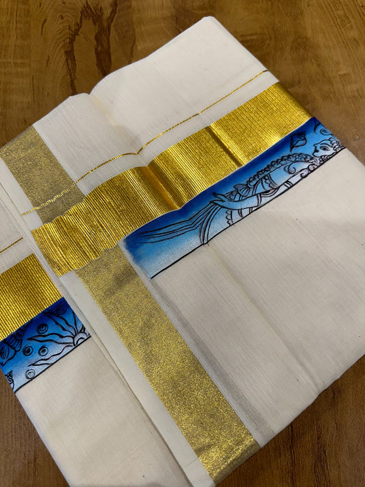 Kerala Pure Cotton Double Mundu with Mural Painted Design on Kasavu Border (South Indian Kerala Dhoti)