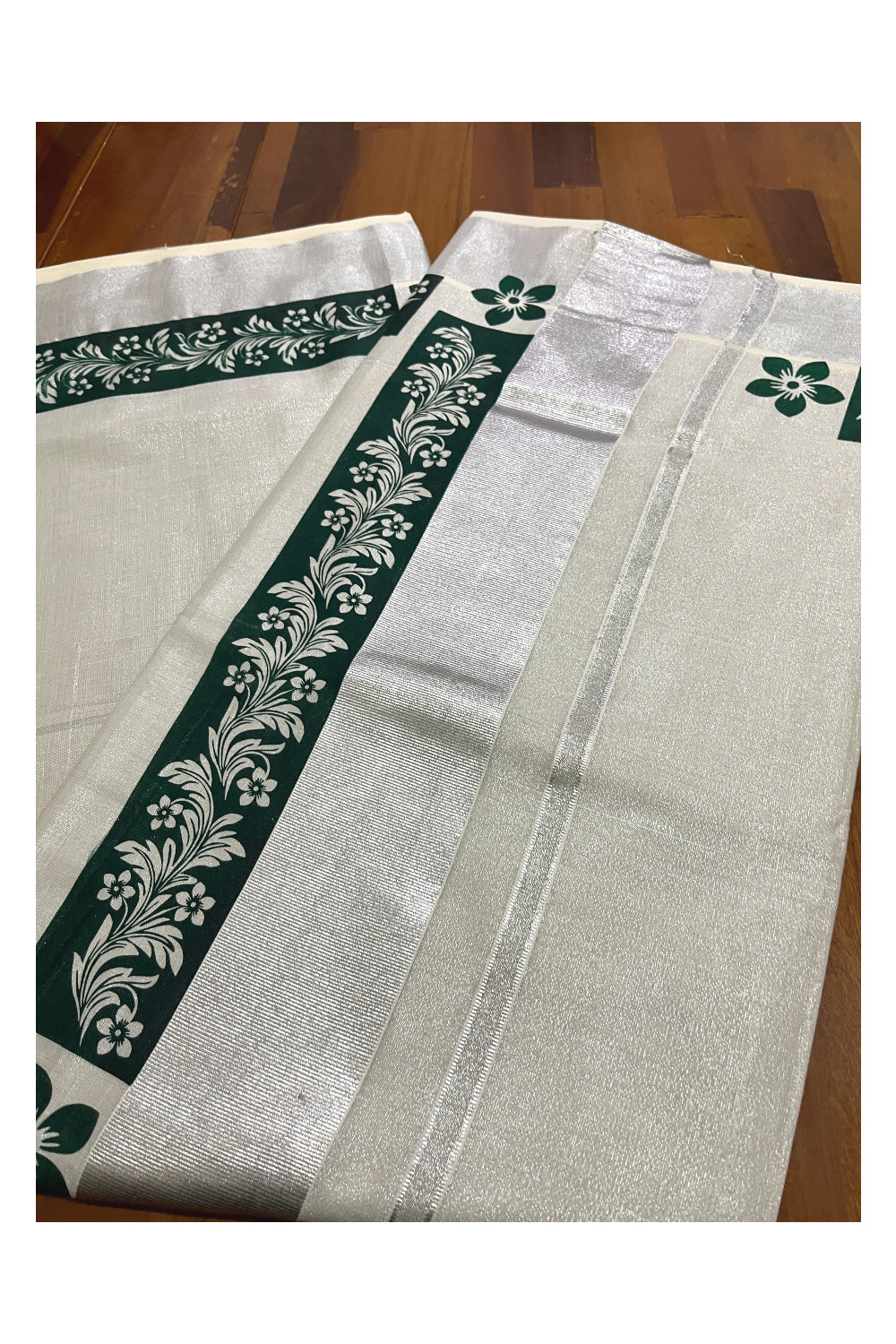 Kerala Silver Tissue Kasavu Saree with Green Floral Block Prints and Silver Border