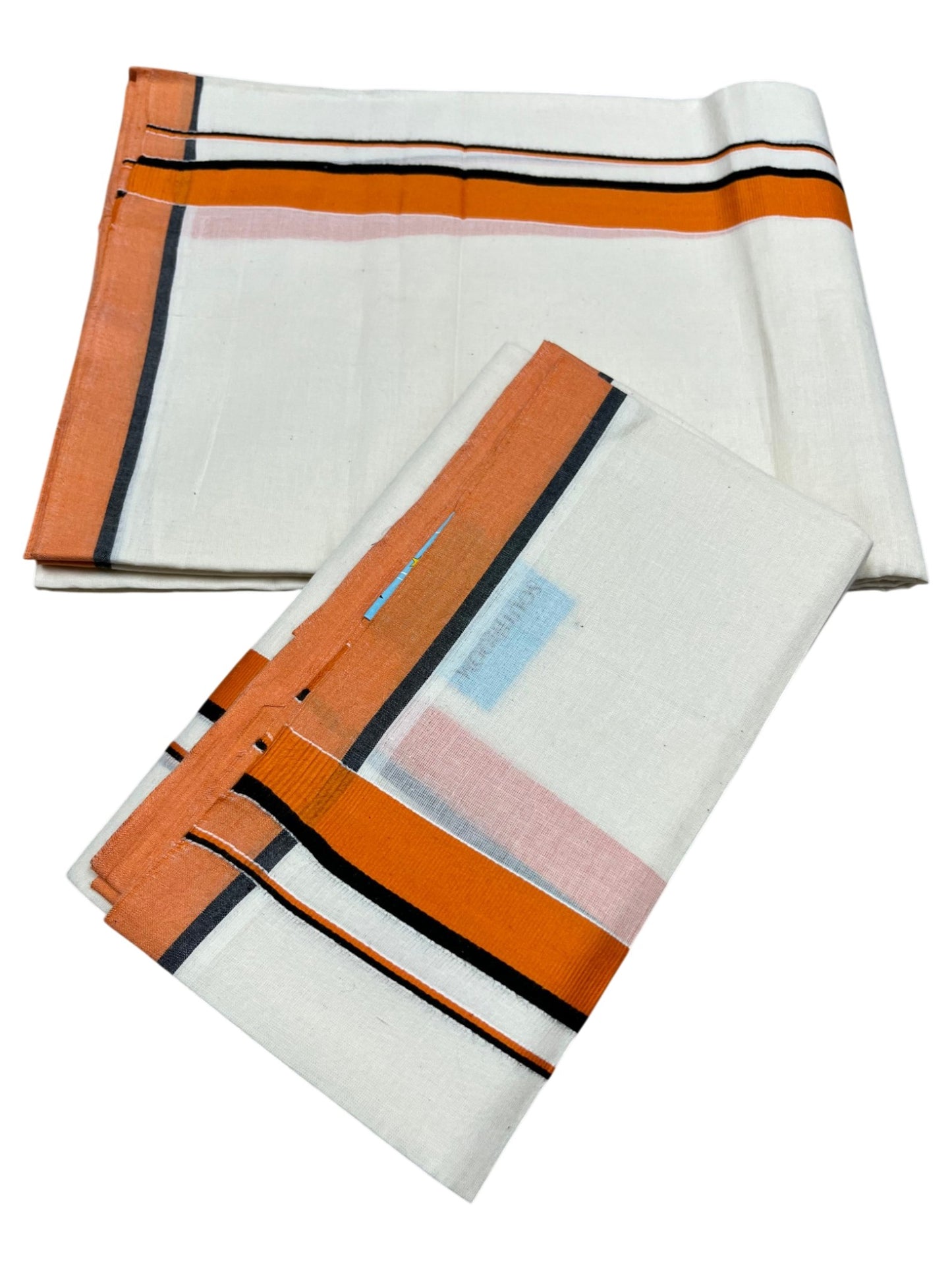 Southloom Pure Cotton Kerala Single Set Mundu (Mundum Neriyathum) with Orange & Black Border in 2.80 Mtrs in 2.80 Mtrs